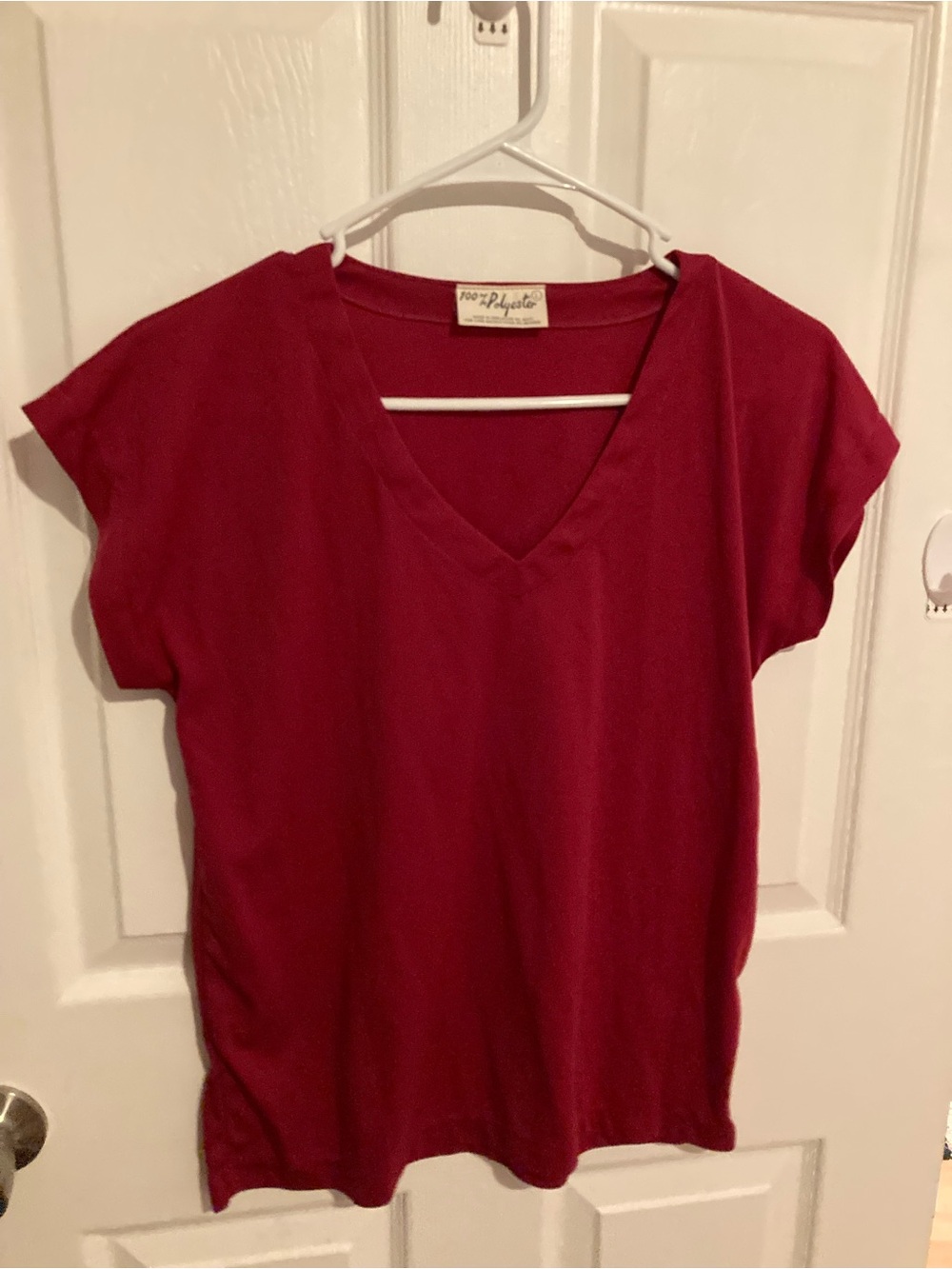 Vintage 1970’s V-Neck Short Sleeve Tee in Berry Red